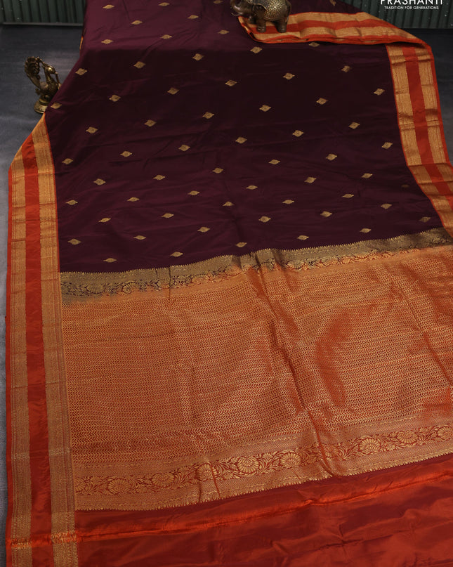 Bangalori silk saree deep maroon and rustic orange with zari woven buttas and rettapet zari woven border