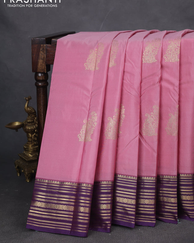 Bangalori silk saree pastel pink and violet with zari woven buttas and zari woven border