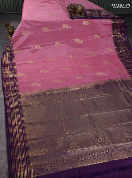 Bangalori silk saree pastel pink and violet with zari woven buttas and zari woven border