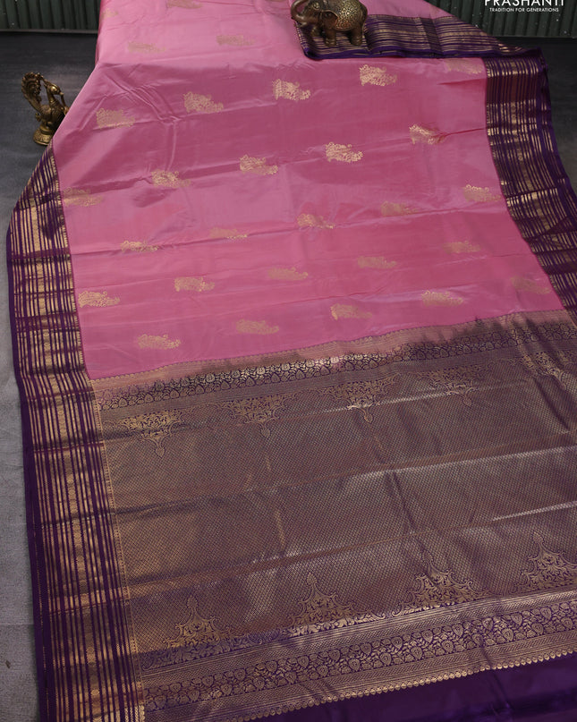Bangalori silk saree pastel pink and violet with zari woven buttas and zari woven border