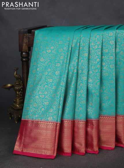 Bangalori silk saree teal green and pink with allover zari woven brocade weaves and zari woven border