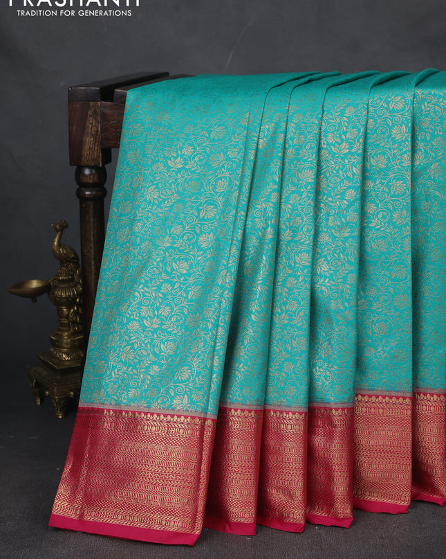 Bangalori silk saree teal green and pink with allover zari woven brocade weaves and zari woven border