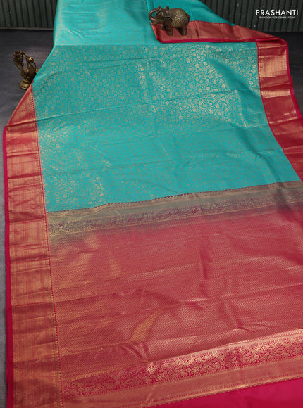 Bangalori silk saree teal green and pink with allover zari woven brocade weaves and zari woven border