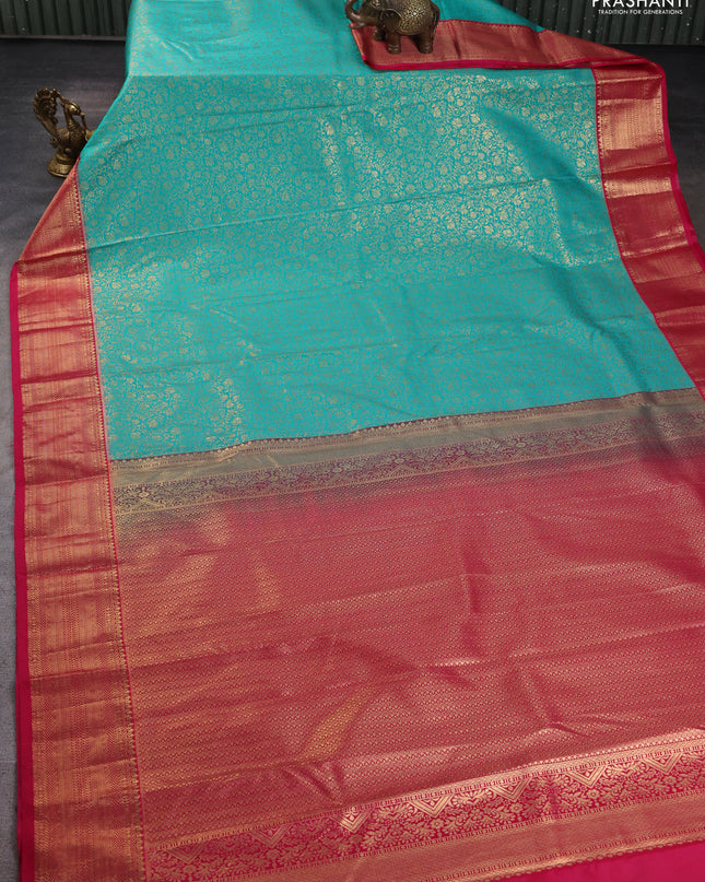Bangalori silk saree teal green and pink with allover zari woven brocade weaves and zari woven border