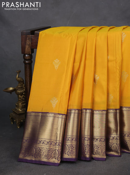 Bangalori silk saree mustard yellow and violet with zari woven buttas and zari woven border