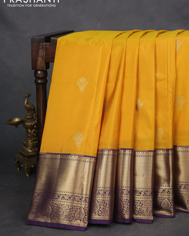 Bangalori silk saree mustard yellow and violet with zari woven buttas and zari woven border