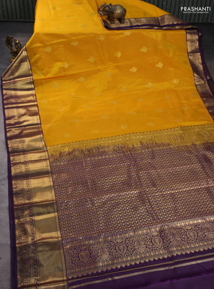 Bangalori silk saree mustard yellow and violet with zari woven buttas and zari woven border