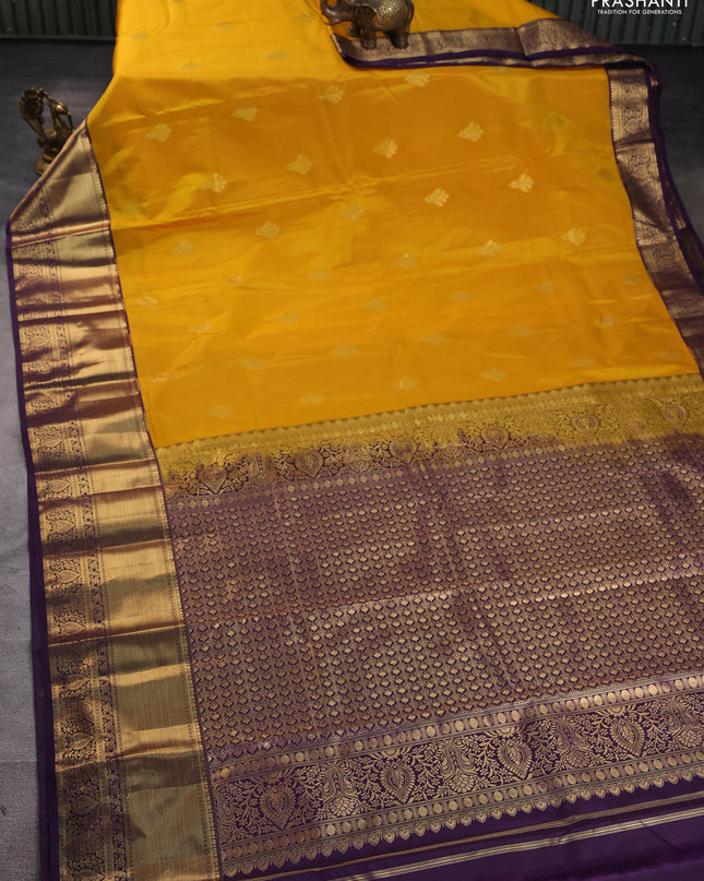 Bangalori silk saree mustard yellow and violet with zari woven buttas and zari woven border