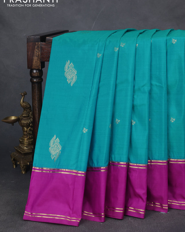 Bangalori silk saree teal blue and purple with zari woven buttas and rettapet zari woven border