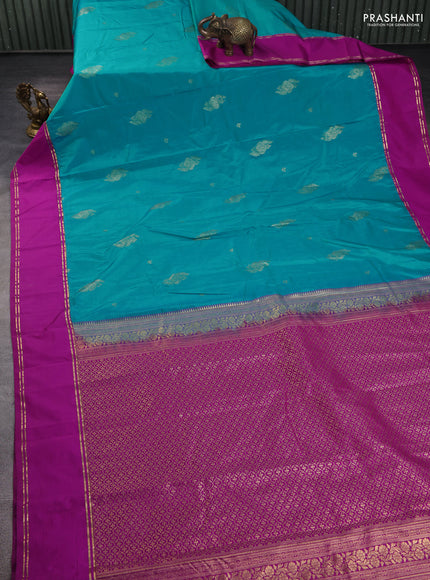 Bangalori silk saree teal blue and purple with zari woven buttas and rettapet zari woven border