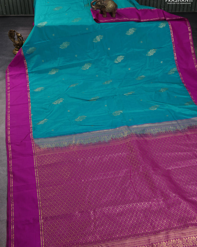 Bangalori silk saree teal blue and purple with zari woven buttas and rettapet zari woven border