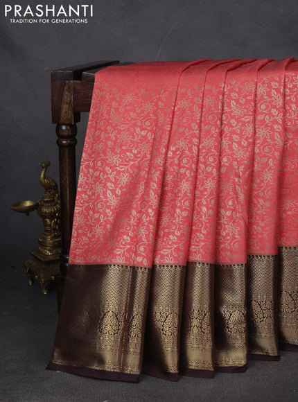 Bangalori silk saree peach pink and coffee brown with allover zari woven brocade weaves and zari woven border