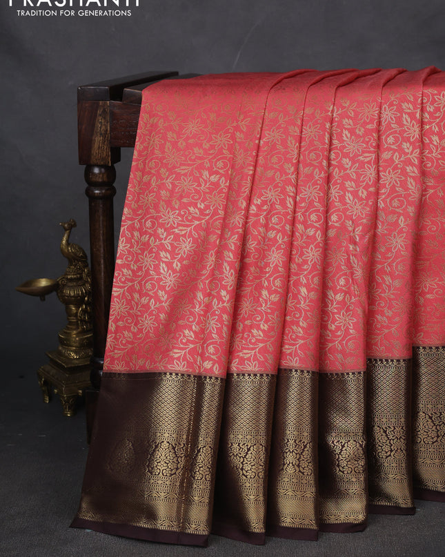 Bangalori silk saree peach pink and coffee brown with allover zari woven brocade weaves and zari woven border