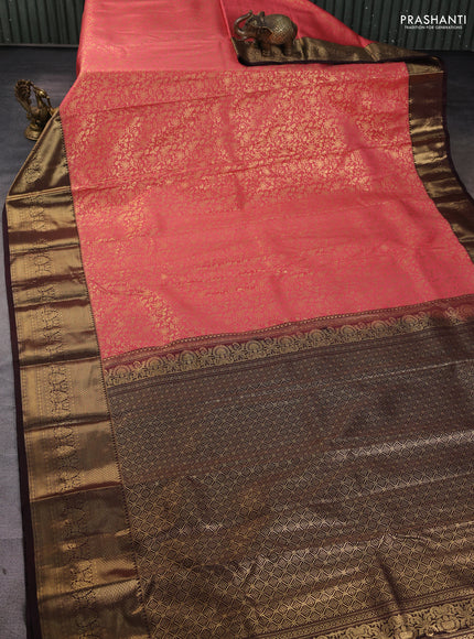 Bangalori silk saree peach pink and coffee brown with allover zari woven brocade weaves and zari woven border