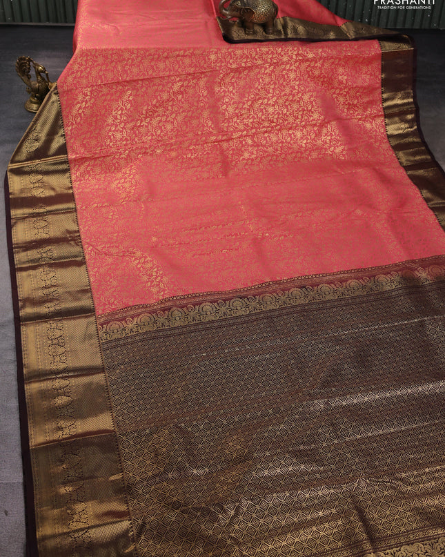Bangalori silk saree peach pink and coffee brown with allover zari woven brocade weaves and zari woven border