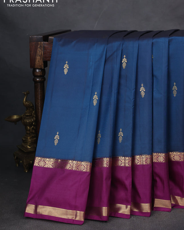 Bangalori silk saree peacock blue and purple with zari woven buttas and rettapet zari woven border