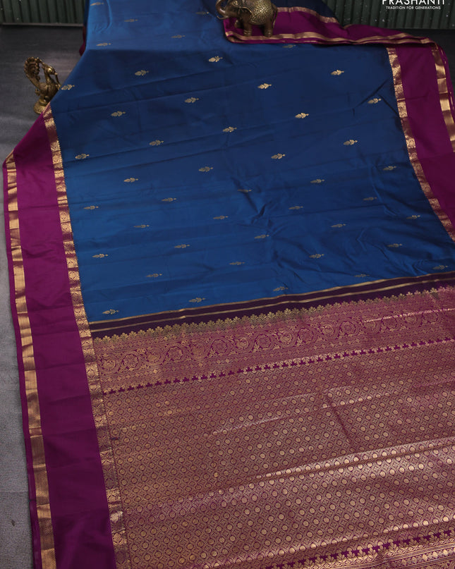 Bangalori silk saree peacock blue and purple with zari woven buttas and rettapet zari woven border