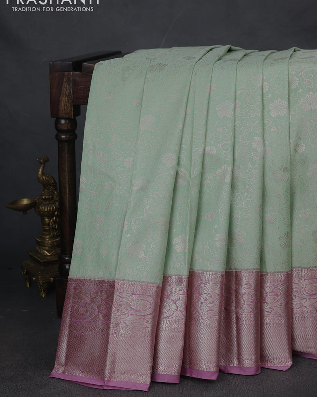 Bangalori silk saree pastel green and mauve pink with allover zari woven brocade weaves and zari woven border