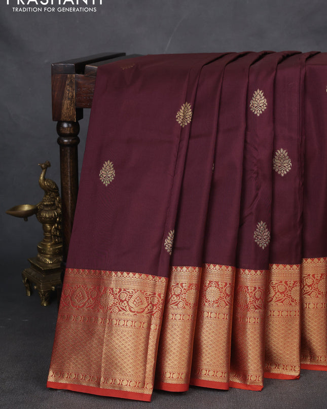 Bangalori silk saree maroon and orange with zari woven buttas and zari woven border