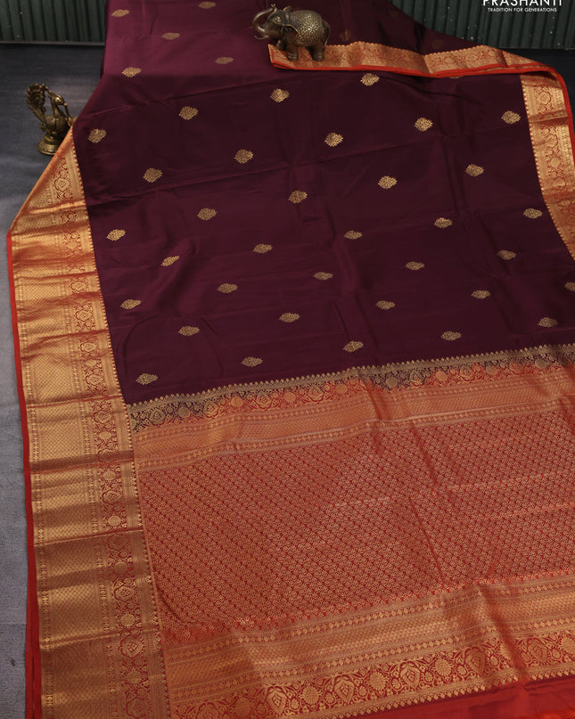 Bangalori silk saree maroon and orange with zari woven buttas and zari woven border