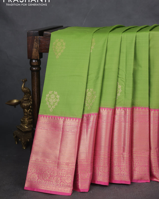 Bangalori silk saree light green and light pink with zari woven buttas and long zari woven border