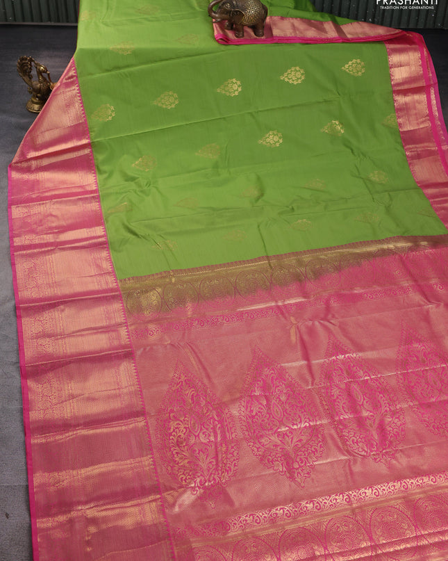 Bangalori silk saree light green and light pink with zari woven buttas and long zari woven border