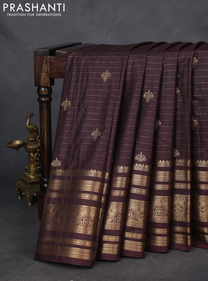 Bangalori silk saree coffee brown with allover zari stripes pattern and long zari woven border