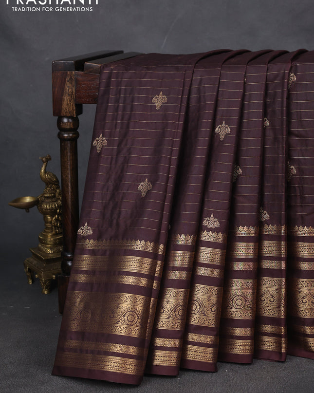 Bangalori silk saree coffee brown with allover zari stripes pattern and long zari woven border