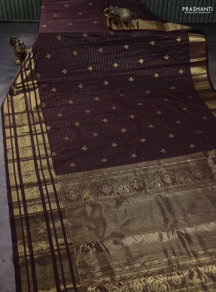 Bangalori silk saree coffee brown with allover zari stripes pattern and long zari woven border