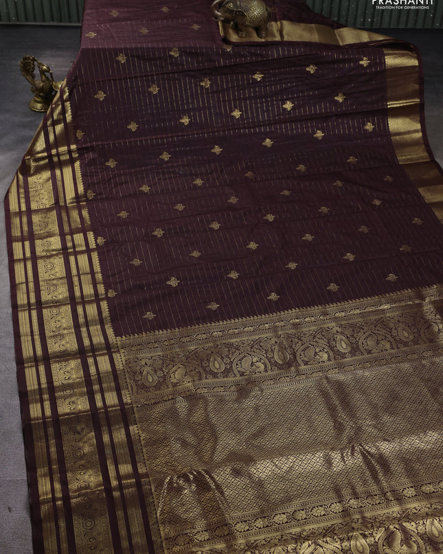 Bangalori silk saree coffee brown with allover zari stripes pattern and long zari woven border