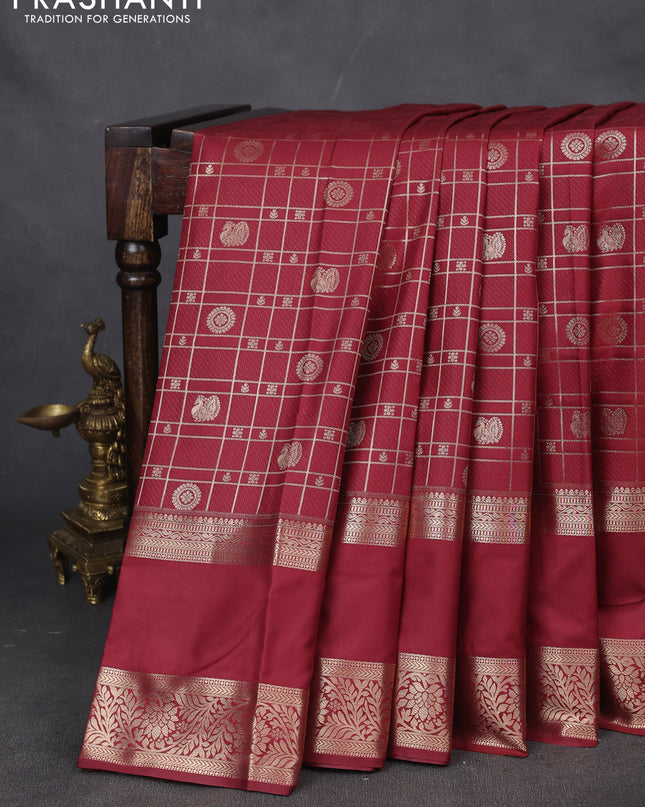 Bangalori silk saree maroon with allover zari checks & buttas and rettapet zari woven border