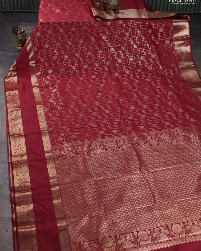 Bangalori silk saree maroon with allover zari checks & buttas and rettapet zari woven border