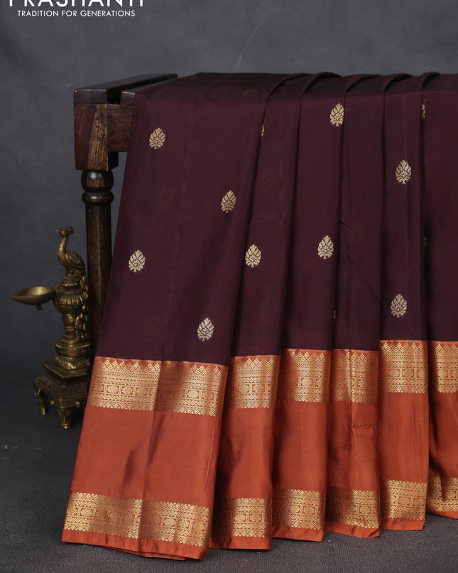 Bangalori silk saree coffee brown and rust with zari woven buttas and rettapet zari woven border