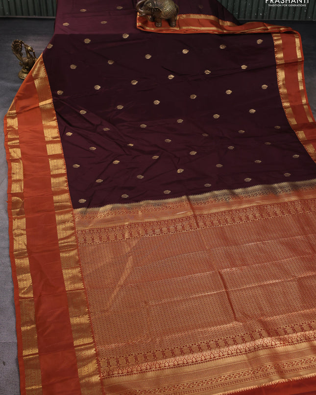 Bangalori silk saree coffee brown and rust with zari woven buttas and rettapet zari woven border