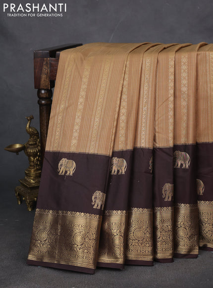 Bangalori silk saree sandal and coffee brown with allover zari weaves and elephant butta border