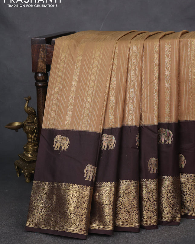 Bangalori silk saree sandal and coffee brown with allover zari weaves and elephant butta border