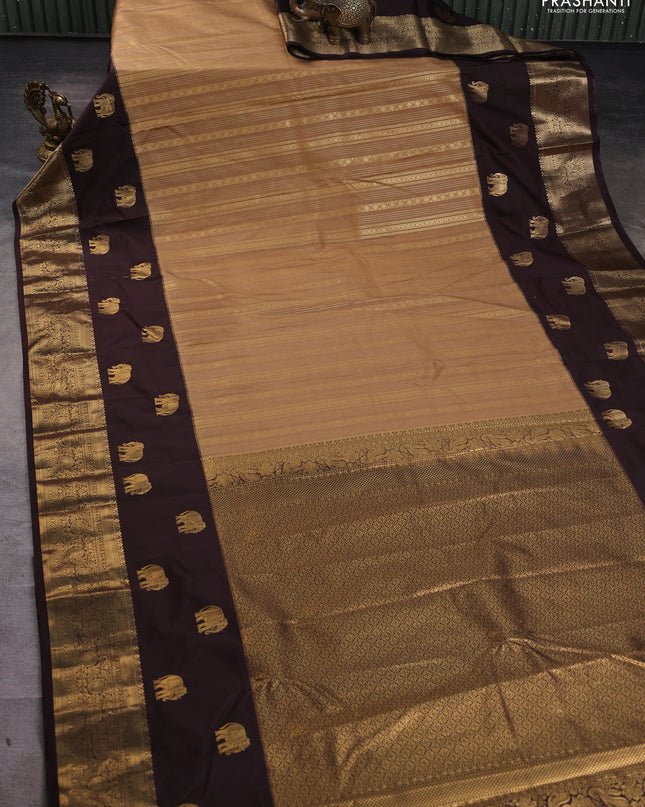 Bangalori silk saree sandal and coffee brown with allover zari weaves and elephant butta border