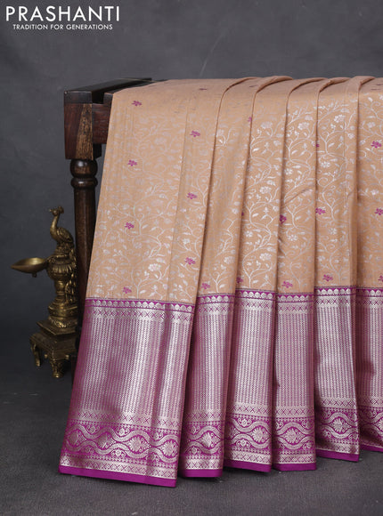 Bangalori silk saree sandal and purple with allover zari woven brocade weaves and long zari woven border