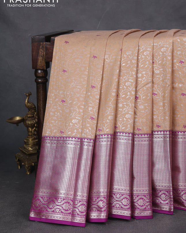 Bangalori silk saree sandal and purple with allover zari woven brocade weaves and long zari woven border
