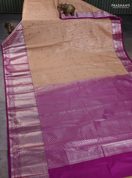Bangalori silk saree sandal and purple with allover zari woven brocade weaves and long zari woven border