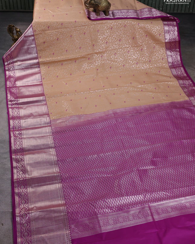 Bangalori silk saree sandal and purple with allover zari woven brocade weaves and long zari woven border