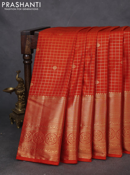 Bangalori silk saree orange with allover checked pattern and long zari woven border