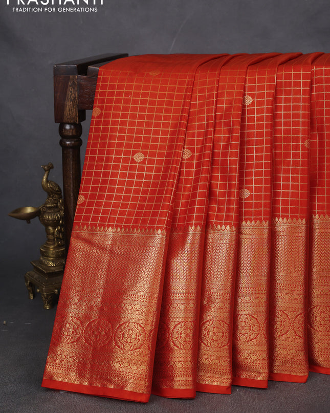 Bangalori silk saree orange with allover checked pattern and long zari woven border