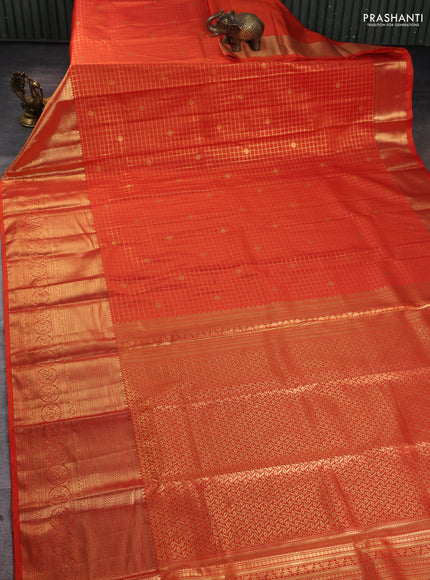 Bangalori silk saree orange with allover checked pattern and long zari woven border
