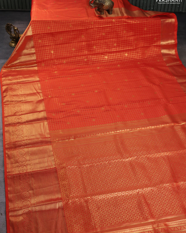 Bangalori silk saree orange with allover checked pattern and long zari woven border