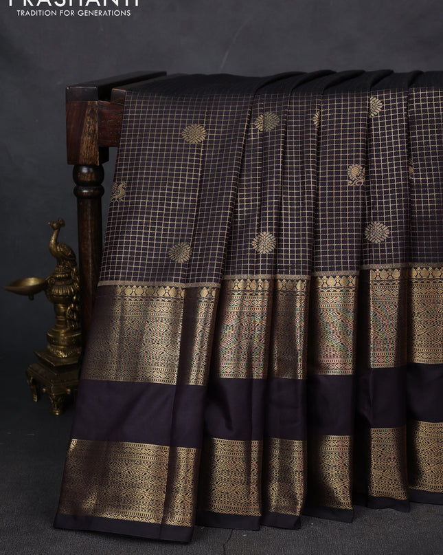 Bangalori silk saree deep jamun with allover checked pattern and long rettapet zari woven border