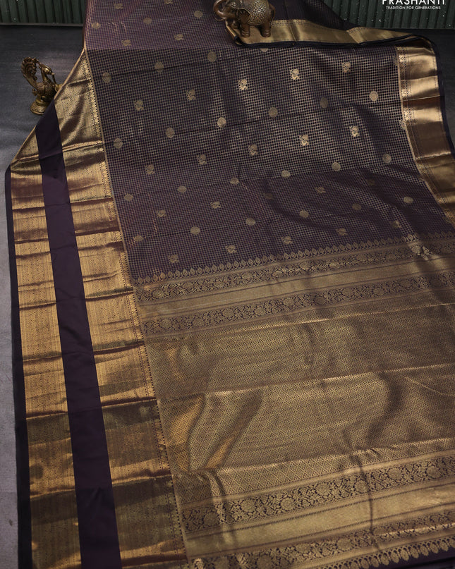 Bangalori silk saree deep jamun with allover checked pattern and long rettapet zari woven border