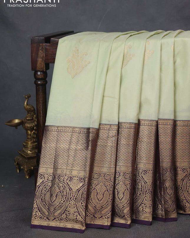 Bangalori silk saree pista green and deep violet with zari woven buttas and long zari woven border