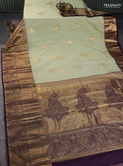 Bangalori silk saree pista green and deep violet with zari woven buttas and long zari woven border