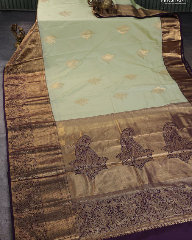 Bangalori silk saree pista green and deep violet with zari woven buttas and long zari woven border